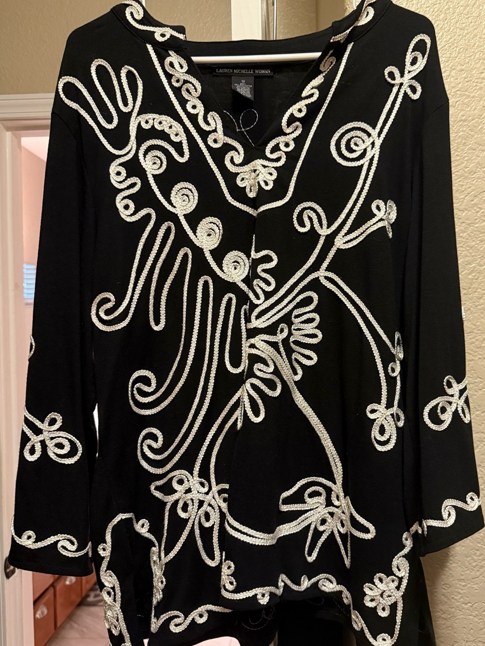 Lauren Michelle Black Tunic with White Rope Embroidery
